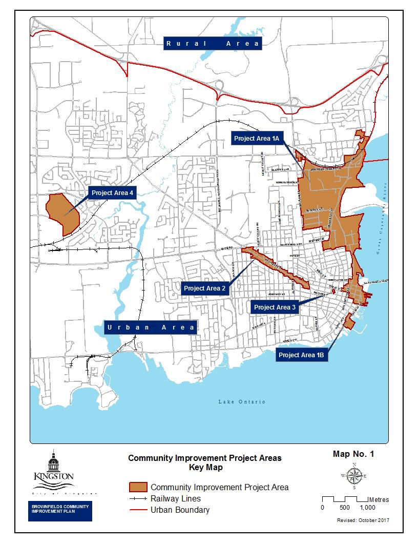 A map showing the locations of the Community Improvement Project Areas in the Brownfields Community Improvement Plan