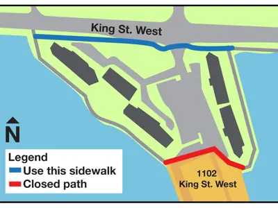 Map showing a waterfront trail closure near 1102 King St, marked in red. An alternate route along the King Street West sidewalk is marked in blue.