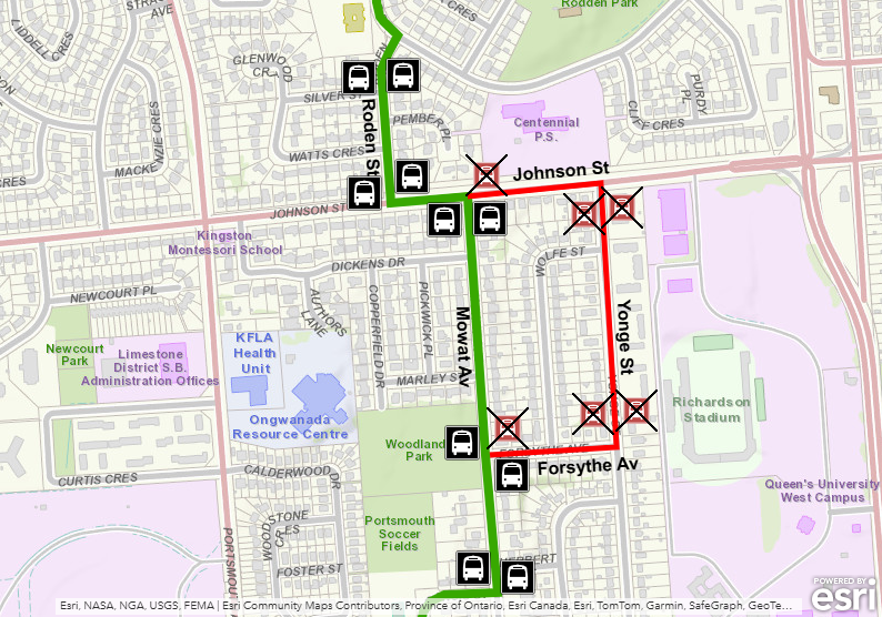 Map showing Route 2 detour using Mowat instead of Forsythe, Yonge, and Johnson. For more information, please call 613-546-0000.