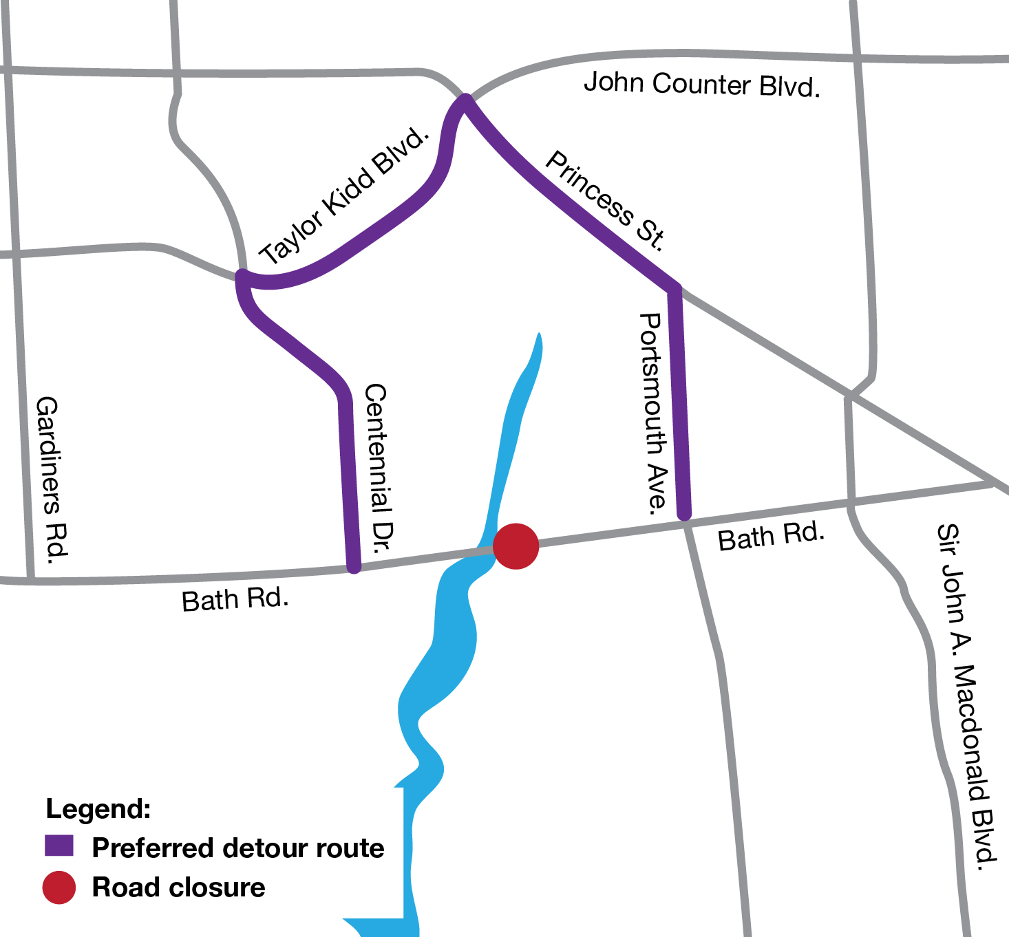 Map showing road closure on Bath road and the preferred detour route.