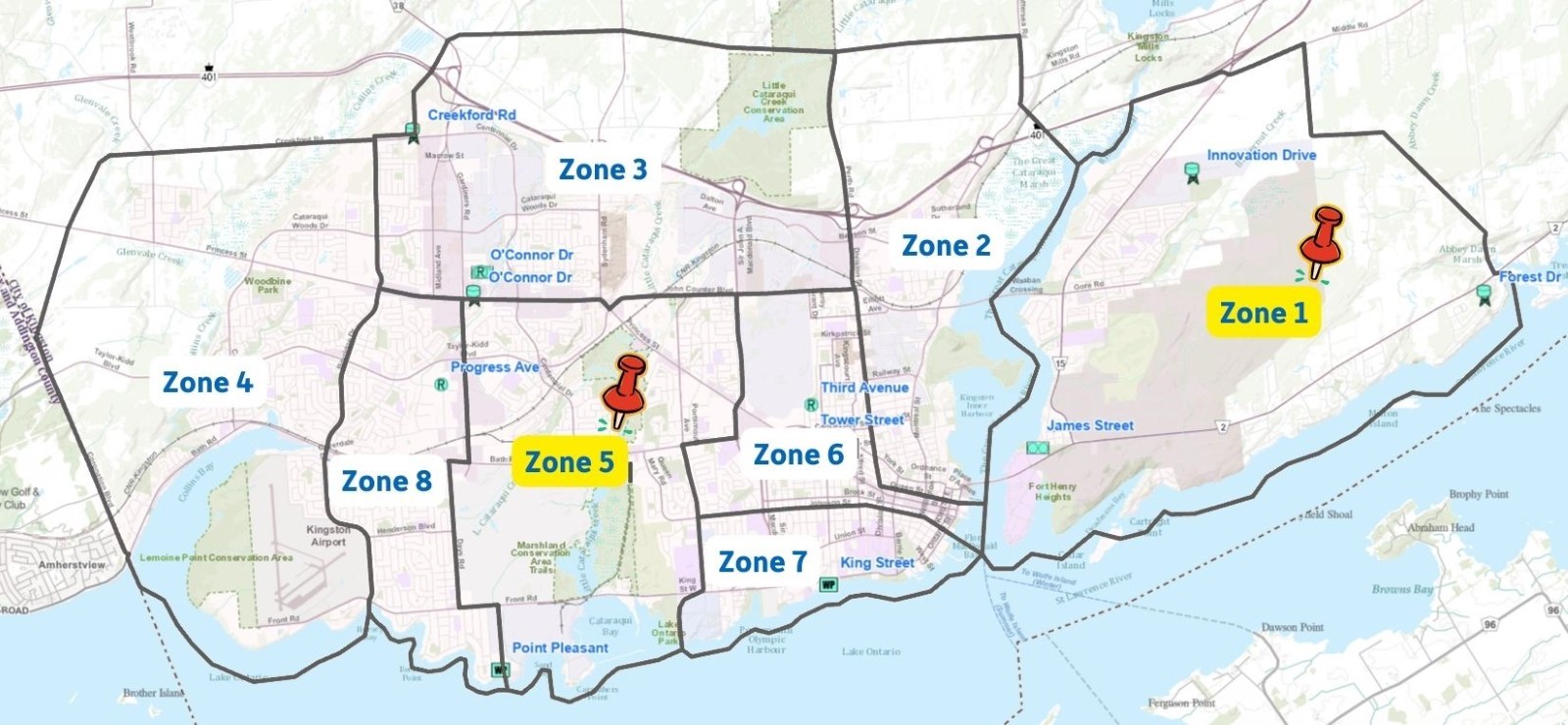 Map of Kingston, highlighting zone 1 and zone 5.