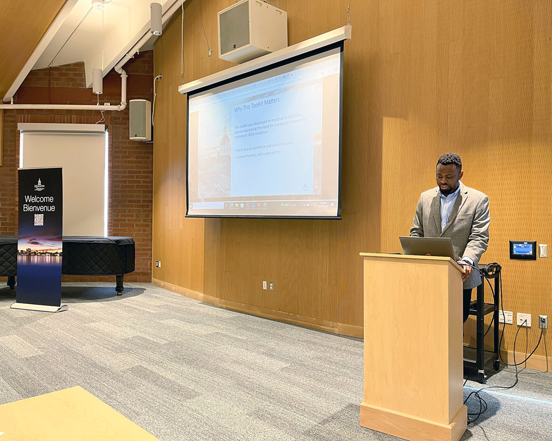 Kingsley Oguine, EDI Project Analyst at the City of Kingston, spoke to attendees about the toolkit.