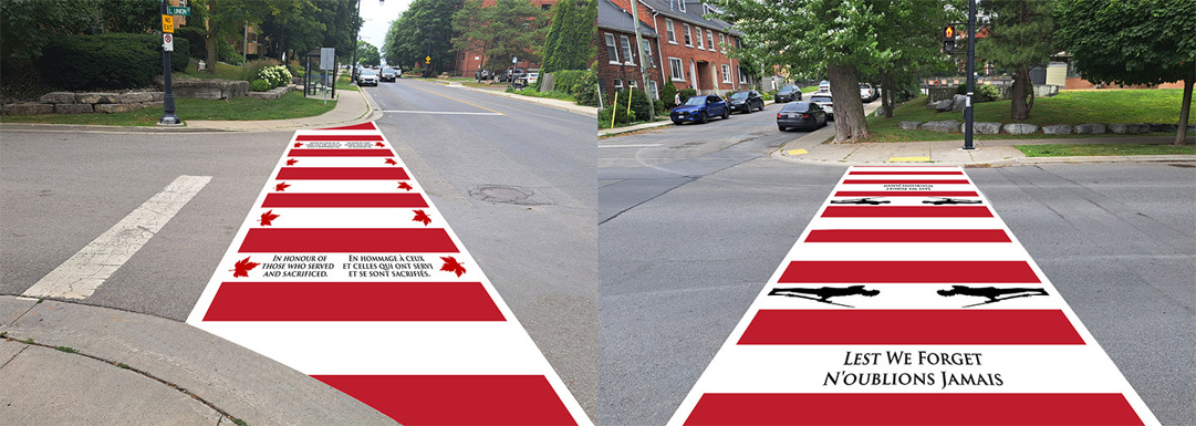 Veterans commemorative crosswalks. Crosswalk on left reads, "In honour of those who served and sacrificed." Crosswalk on right reads, "Lest we forget"