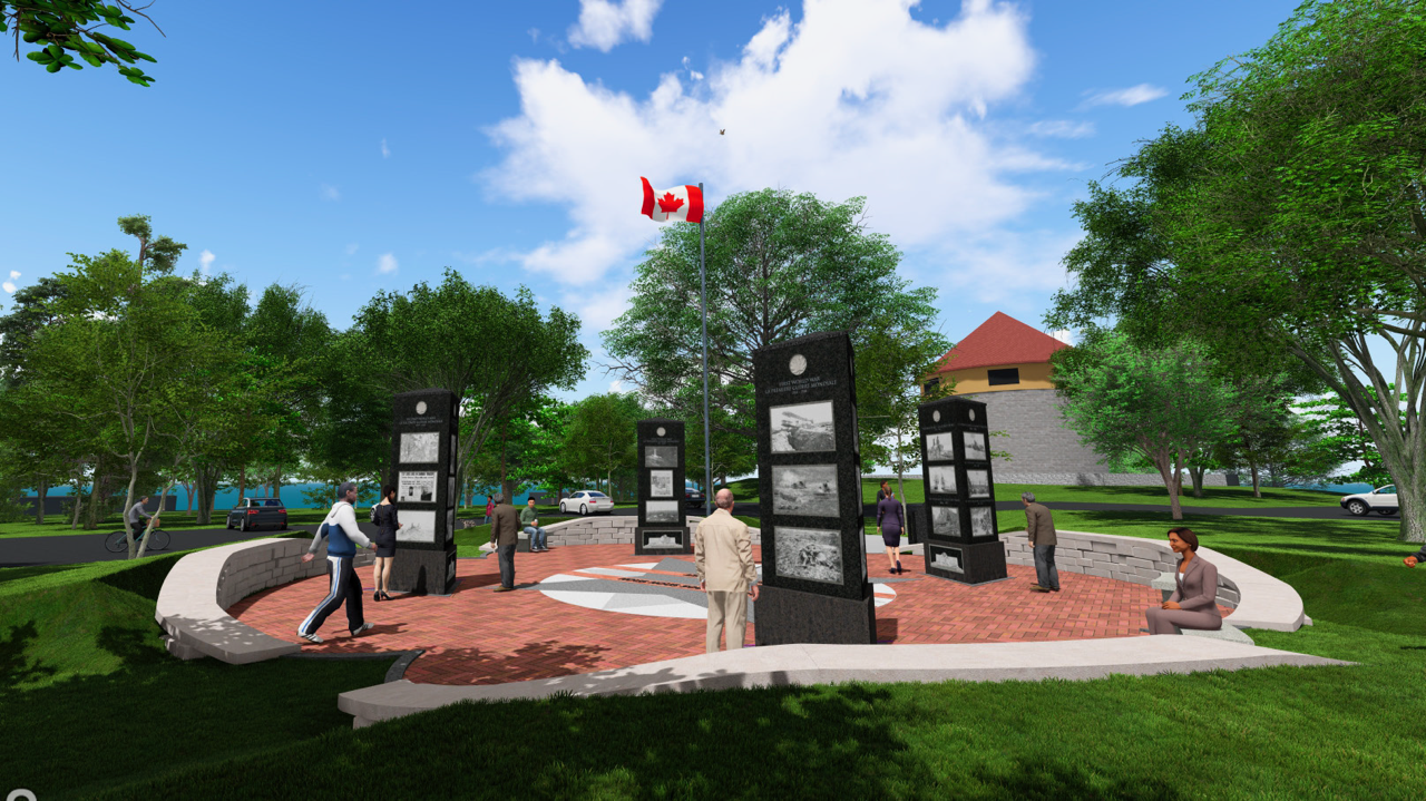 A memorial consisting of four granite pillars with a Canadian flag in the centre, on a paved area in a park.